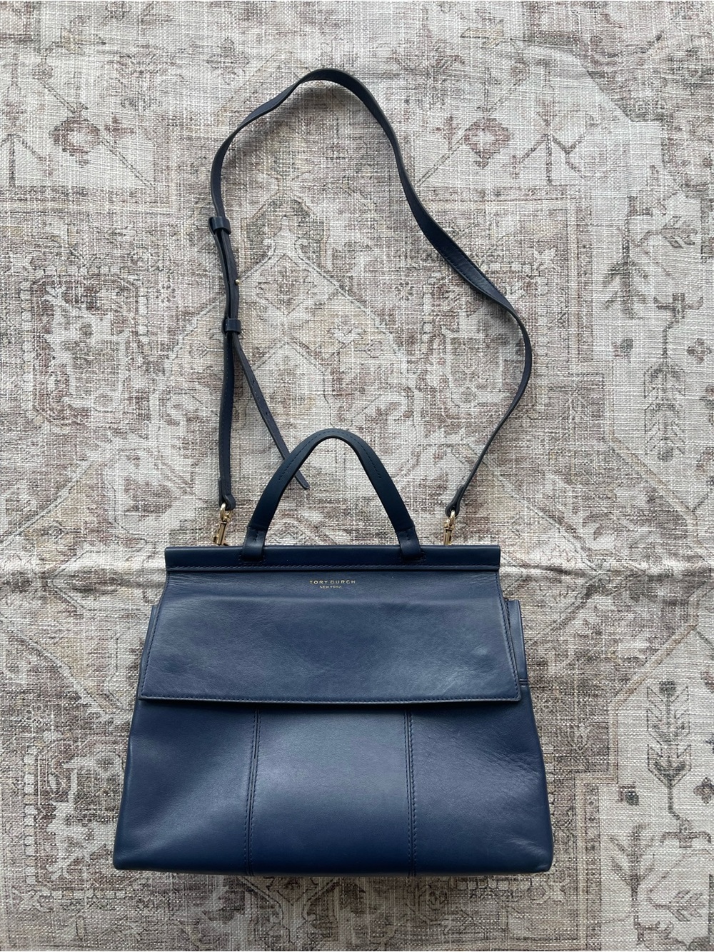 Tory Burch Navy Leather Block T Top Handle Satchel